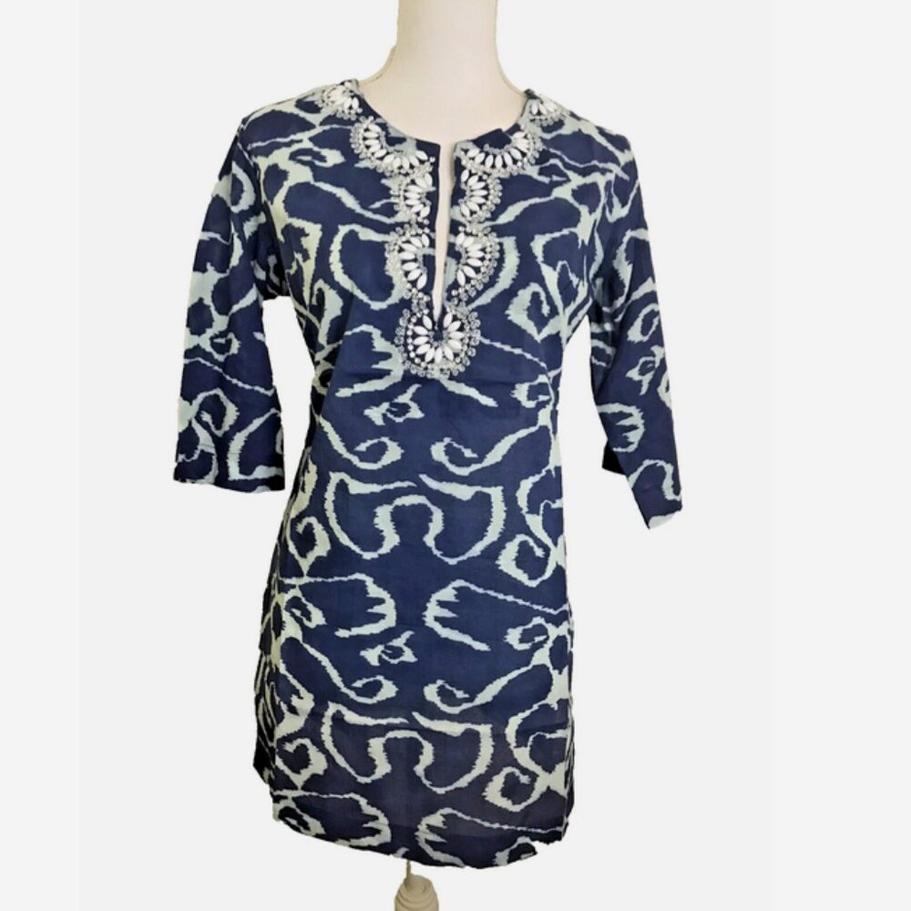 LE SOLEIL Blue Beaded Tunic Top NWT Small Kurta Coverup Ikat